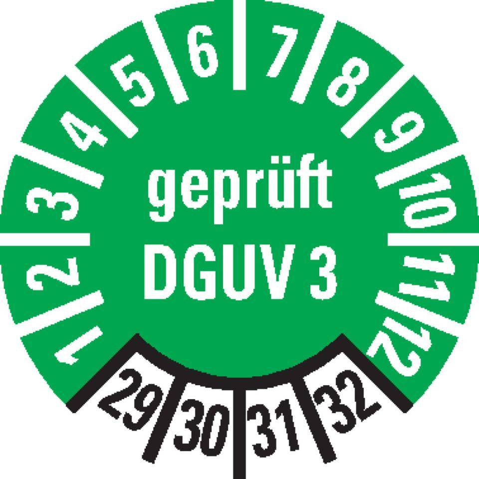 Prüfplakette geprüft DGUV 3, 29-32, grün, Folie, ablösbar, Ø 10mm, 128/Bogen
