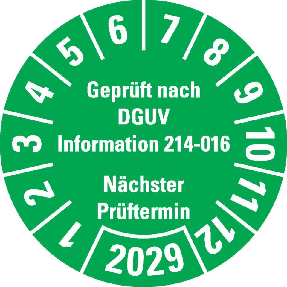 Prüfplakette Geprüft DGUV Info. 214-016 Nächster Prüftermin 2029, grün, Dokumentenfolie, Ø30mm, 18/Bogen