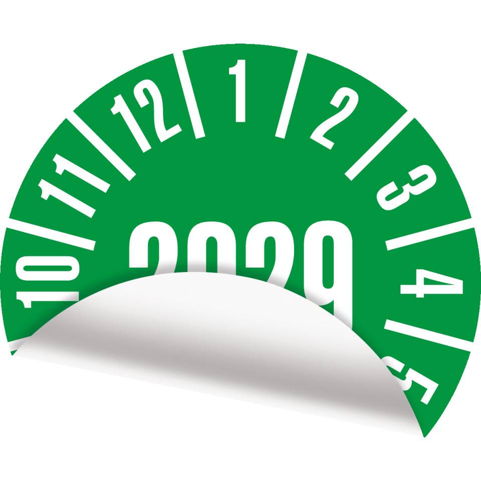 Jahresprüfplakette 2029, grün, Folie, ablösbar, Ø 30mm, 18/Bogen