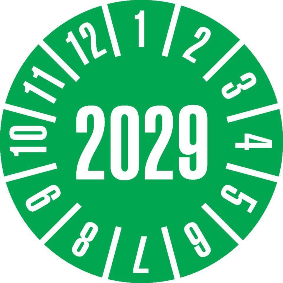 Jahresprüfplakette 2029, grün, Cellulose-Folie, selbstklebend, Ø30mm, 18/Bogen