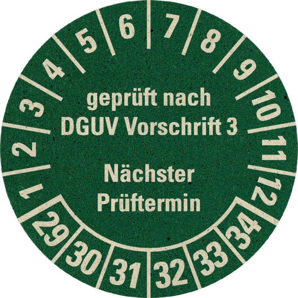 Prüfplakette geprüft nach DGUV Vorschrift 3, Nächster Prüftermin, 29-34, grün, Primärfaser-Graspapier, Ø30mm, 500/Rolle