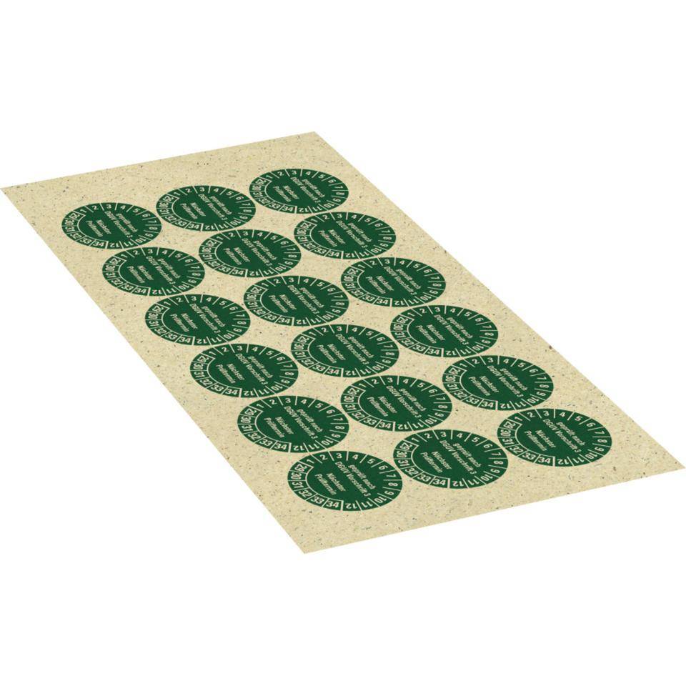 Prüfplakette geprüft DGUV Vorschrift 3 Nächster Prüftermin, 29-34, grün, Primärfaser-Graspapier, Ø 30mm, 18/Bogen