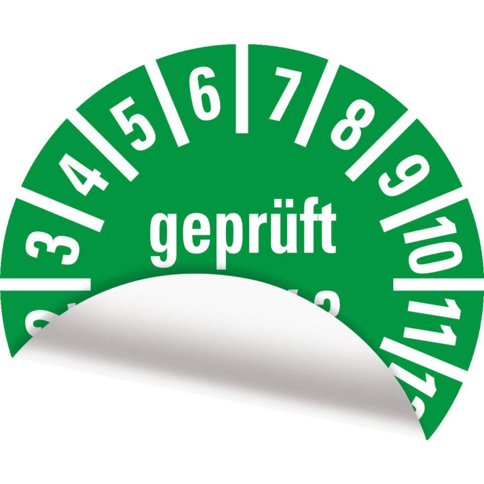 Prüfplakette geprüft DGUV 3, 29-32, grün, Folie, ablösbar, Ø 10mm, 128/Bogen