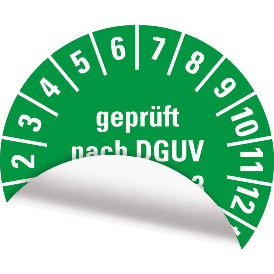 Prüfplakette Geprüft nach DGUV Vorschrift 3, 29-34, grün, Folie,ablösbar, Ø 20mm, 36/Bogen