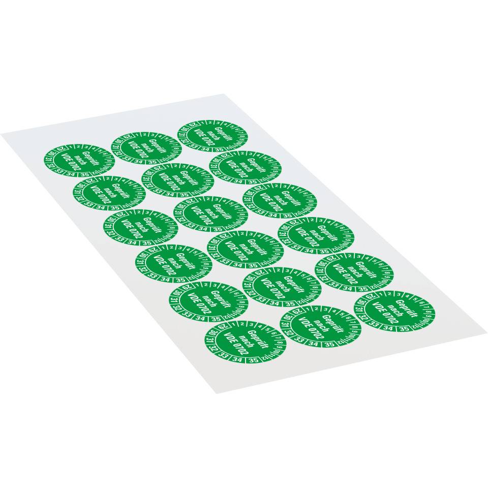 Prüfplakette Geprüft nach VDE 0702 29-35, grün, Dokumentenfolie, Ø30mm, 18/Bogen
