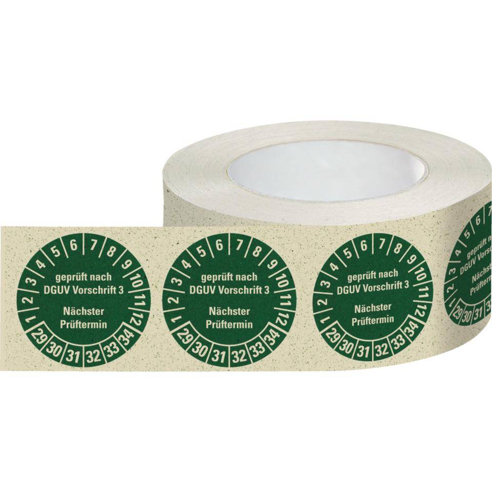 Prüfplakette geprüft nach DGUV Vorschrift 3, Nächster Prüftermin, 29-34, grün, Primärfaser-Graspapier, Ø30mm, 500/Rolle