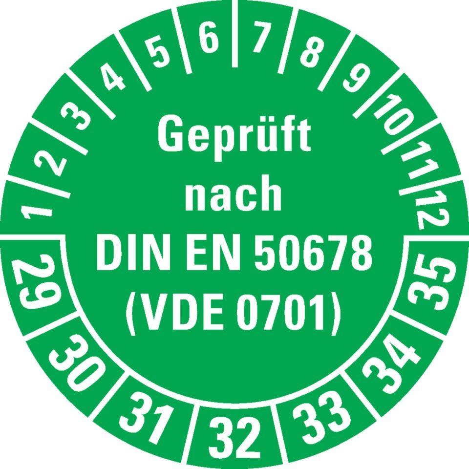 Prüfplakette Geprüft nach DIN EN 50678 (VDE 0701) 29-35, grün, Dokumentenfolie, Ø30mm, 18/Bogen
