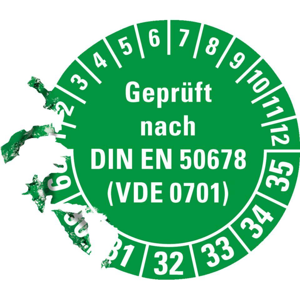 Prüfplakette Geprüft nach DIN EN 50678 (VDE 0701) 29-35, grün, Dokumentenfolie, Ø30mm, 18/Bogen