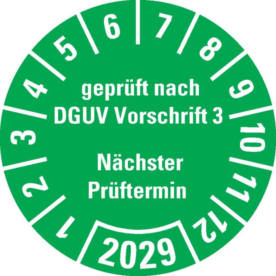 Prüfplakette geprüft nach DGUV Vorschrift 3 Nächster Prüftermin 2029, grün, Dokumentenfolie, Ø 25mm, 500/Rolle