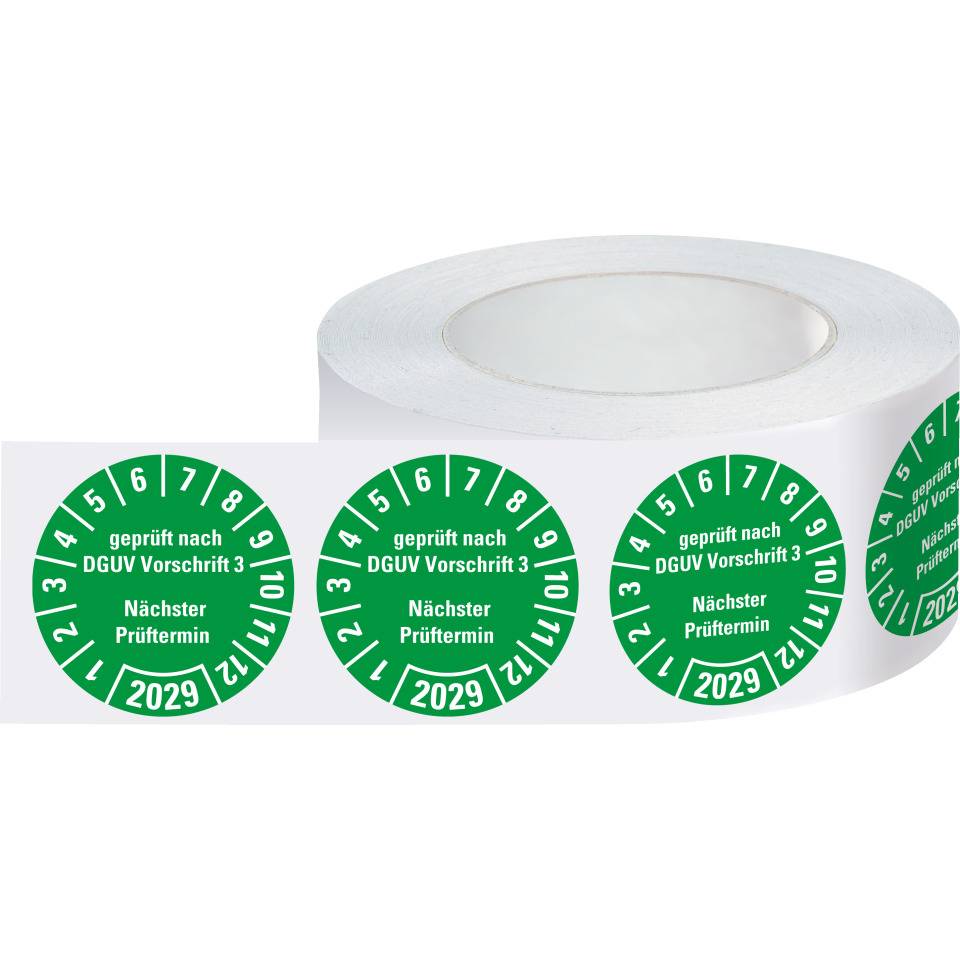 Prüfplakette geprüft nach DGUV Vorschrift 3 Nächster Prüftermin 2029, grün, Dokumentenfolie, Ø 25mm, 500/Rolle