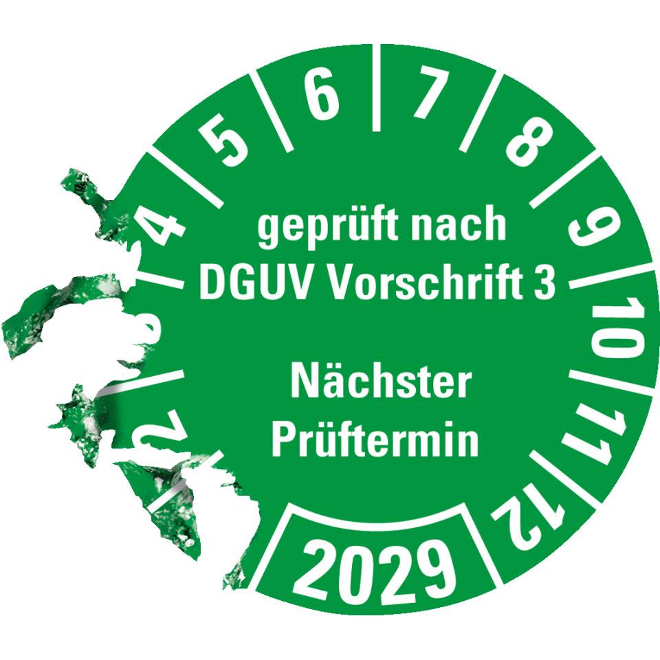 Prüfplakette geprüft nach DGUV Vorschrift 3 Nächster Prüftermin 2029, grün, Dokumentenfolie, Ø 25mm, 500/Rolle