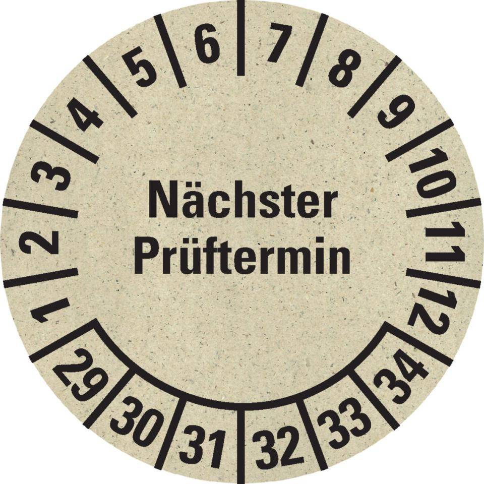 Prüfplakette Nächster Prüftermin 29-34, natur, Primärfaser-Graspapier, Ø 30mm, 18/Bogen