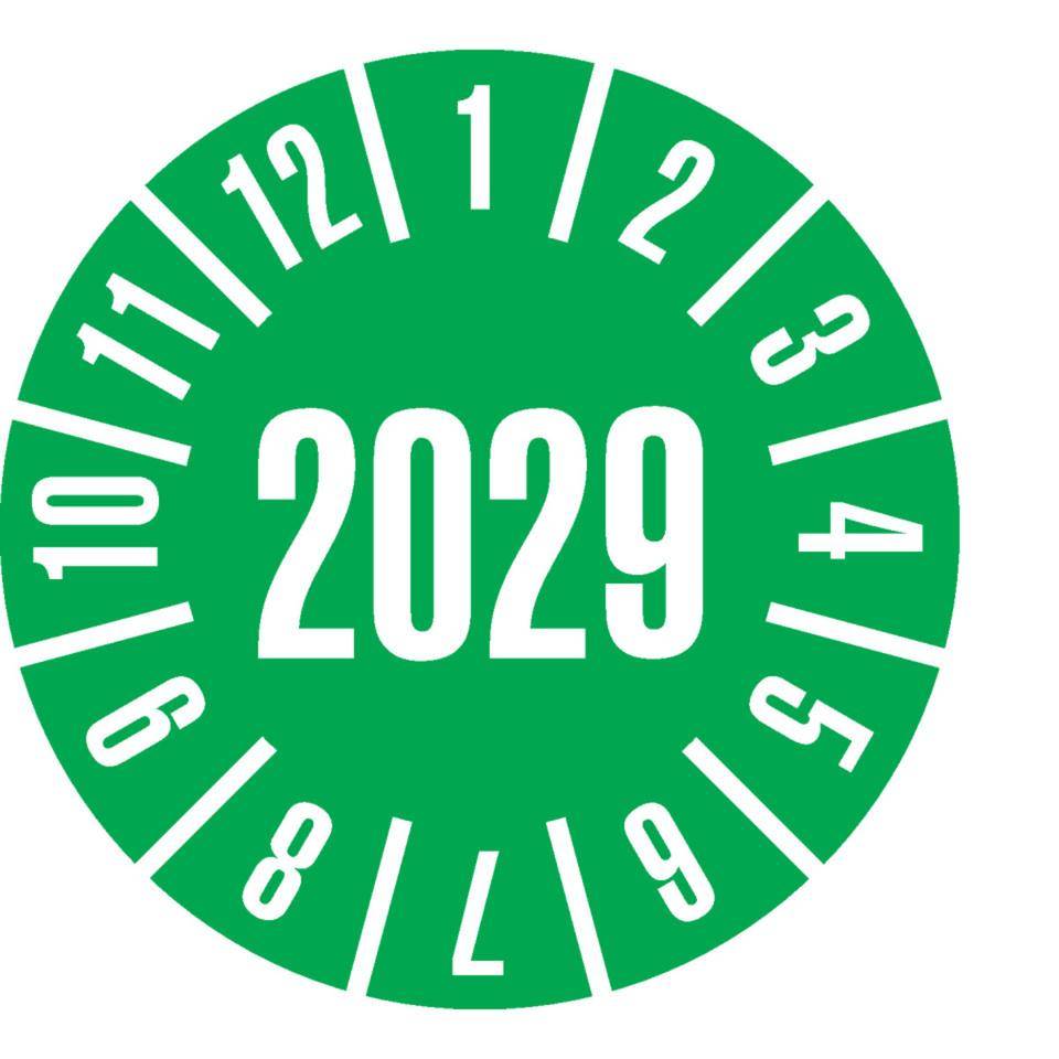 Prüfplakette 2029, grün, Schachbrettfolie, selbstklebend, Ø 30mm, 18/Bogen