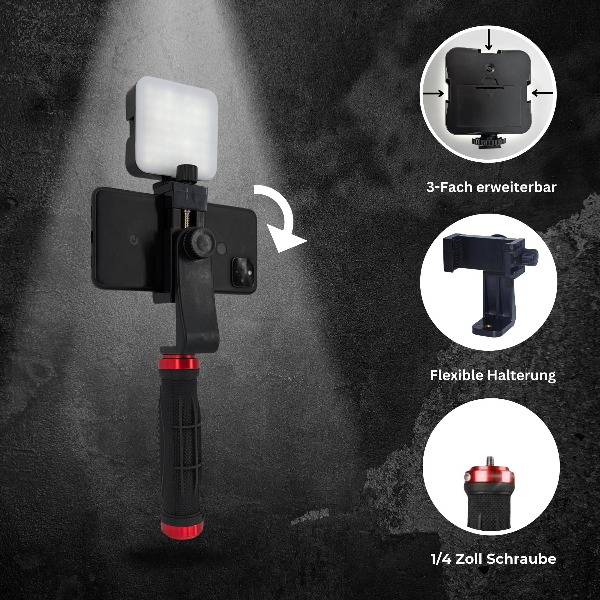 Handgriff für Smartphone + Halterung drehbar + 49 LED Videoleuchte Lampe Stabilizer Licht Selfie