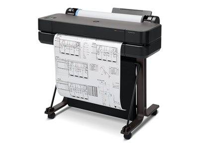 Ein Großformatdrucker mit technischen Bauplänen, die hervorkommen und detaillierte Architekturdesigns zeigen.