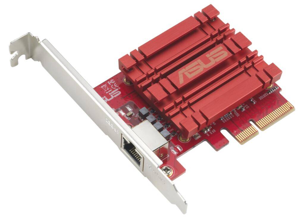 Rote ASUS-Netzwerkerweiterungskarte mit einem einzelnen Ethernet-Anschluss und großem rotem Kühlkörper auf einer silbernen Halterung.
