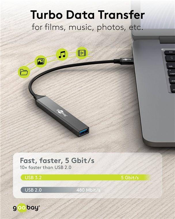 Goobay Slim 5-Port USB-Hub, USB-C Stecker auf 2x USB-C, 2x USB-A 2.0, 1x USB-A 3.2, Aluminium, 0,1m