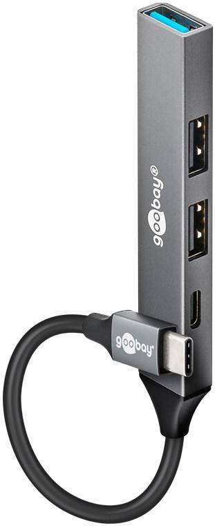Goobay Slim 4-Port USB-Hub, USB-C Stecker auf 1x USB-C 2x USB-A 2.0, 1x USB-A 3.2, Aluminium, 0,1 m