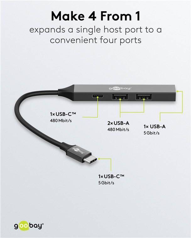 Goobay Slim 4-Port USB-Hub, USB-C Stecker auf 1x USB-C 2x USB-A 2.0, 1x USB-A 3.2, Aluminium, 0,1 m