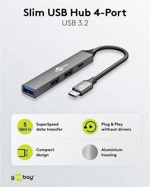 Goobay Slim 4-Port USB-Hub, USB-C Stecker auf 1x USB-C 2x USB-A 2.0, 1x USB-A 3.2, Aluminium, 0,1 m