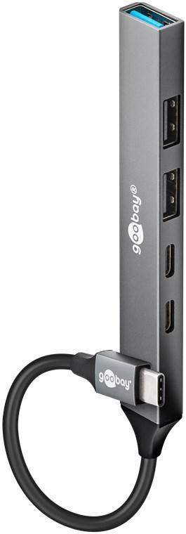 Goobay Slim 5-Port USB-Hub, USB-C Stecker auf 2x USB-C, 2x USB-A 2.0, 1x USB-A 3.2, Aluminium, 0,1m