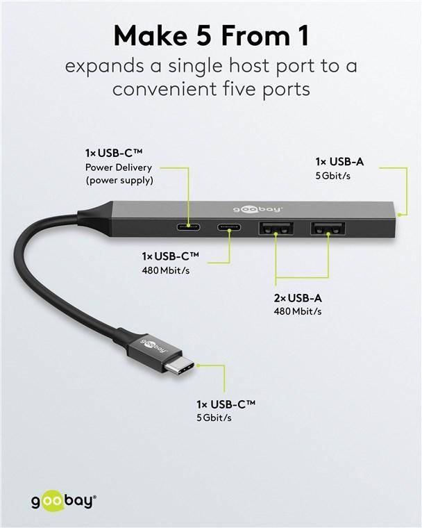 Goobay Slim 5-Port USB-Hub, USB-C Stecker auf 2x USB-C, 2x USB-A 2.0, 1x USB-A 3.2, Aluminium, 0,1m
