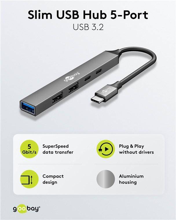 Goobay Slim 5-Port USB-Hub, USB-C Stecker auf 2x USB-C, 2x USB-A 2.0, 1x USB-A 3.2, Aluminium, 0,1m