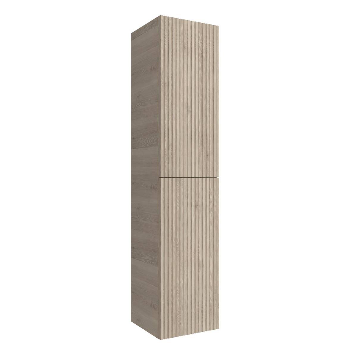 Hoher beige Schrank mit Holzmaserung, vertikalter Lamellenvorderseite und glatter Seitenseite, auf weißem Hintergrund dargestellt.