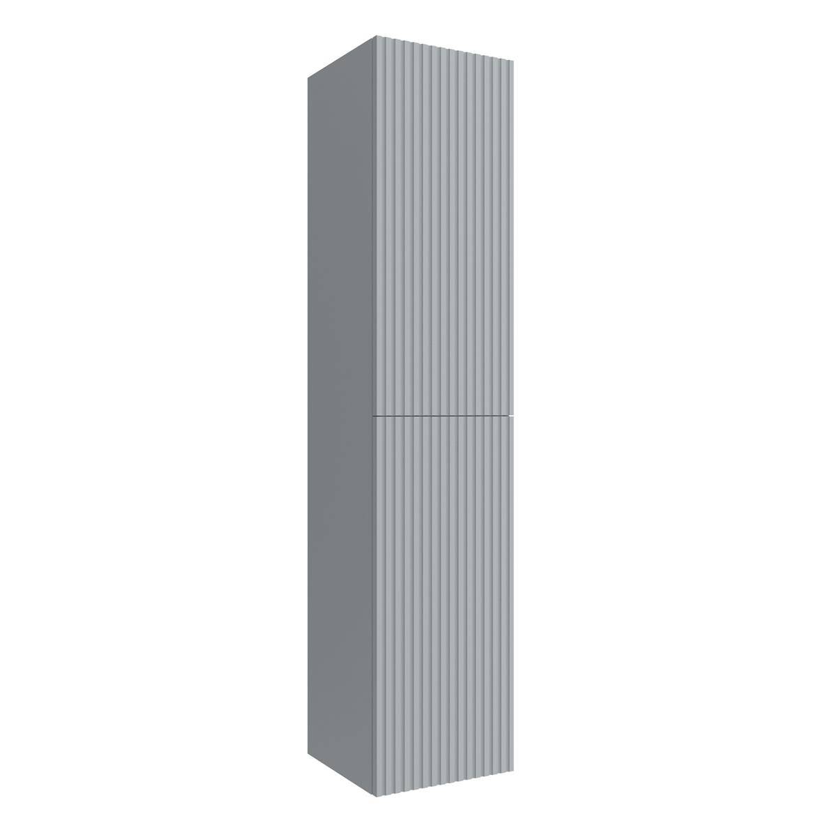 Hohes graues rechteckiges Schrank mit vertikal gerippten Frontpaneelen und einer horizontalen Naht in der Mitte auf weißem Hintergrund.