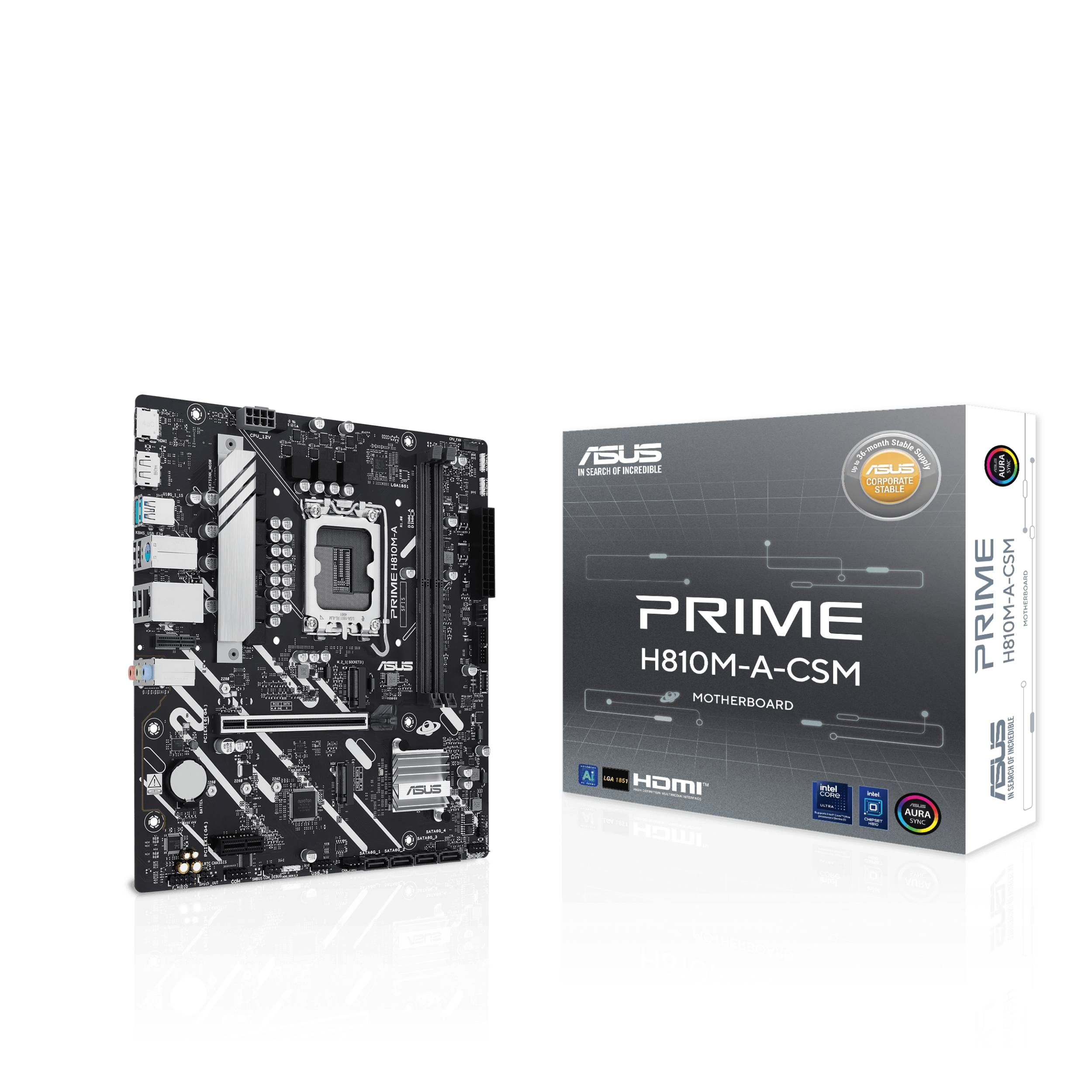 ASUS PRIME H810M-A-CSM - Motherboard - micro ATX - LGA1851-Sockel - H810 Chipsatz - USB-C 3.2 Gen 1, USB 3.2 Gen 2, USB 3.2 Gen 1 - Gigabit LAN