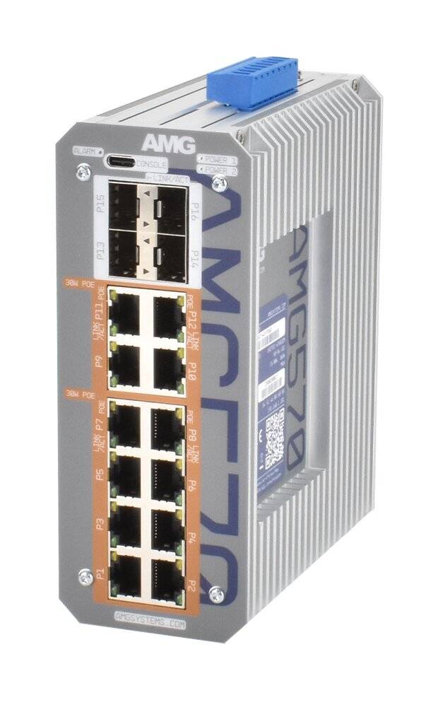 AMG Systems AMG570-12GAT-4S-P360, Industrieller 16 Port Managed Switch 12 x 10/100/1000BT RJ45 mit 30W PoE, 2 x 100/100