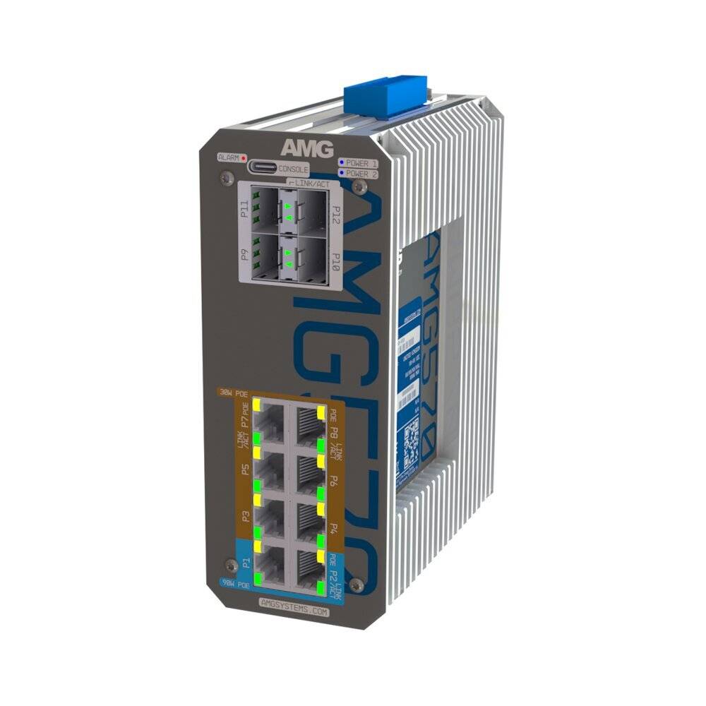 AMG Systems AMG570-2GBT-6GAT-4S-P360, Industrieller 12 Port Managed Switch, 2 x 10/100/1000BT RJ45 mit 60/90W PoE, 6 x