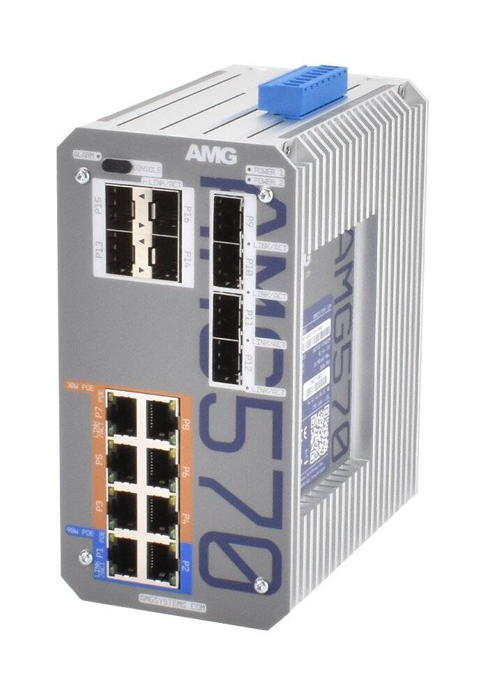 AMG570-2GBT-6GAT-8S-P360, Industrieller 16 Port Managed Switch, 2 x 10/100/1000BT RJ45 mit 60/90W PoE, 6 x 10/100/1000B