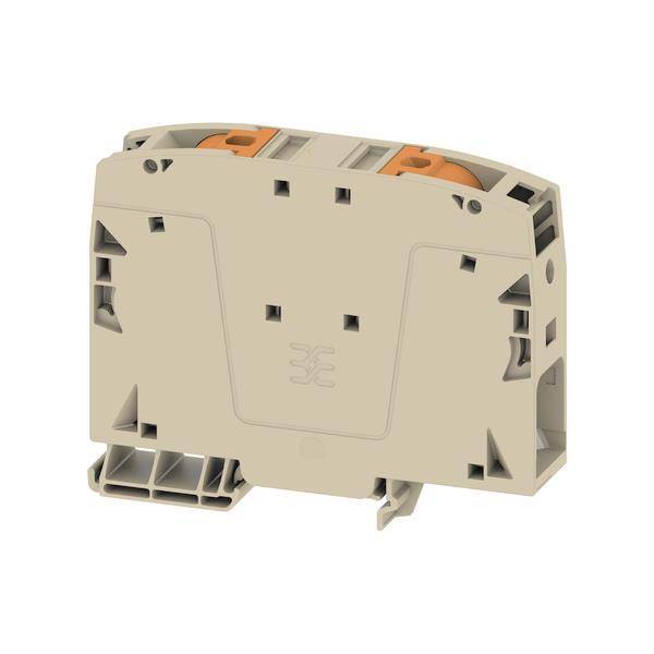 Ein beiges Klemmenblock mit zwei orangefarbenen Hebelsteckverbindern, konzipiert zum Sichern und Verbinden von elektrischen Drähten.