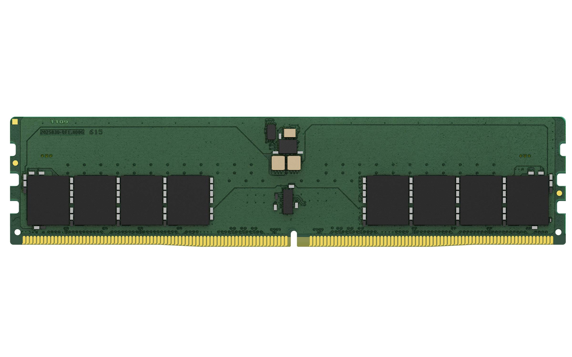 Grünes Computerspeichermodul (RAM) mit schwarzen Chips auf einer langen Leiterplatte, gezeigt vor schwarzem Hintergrund.