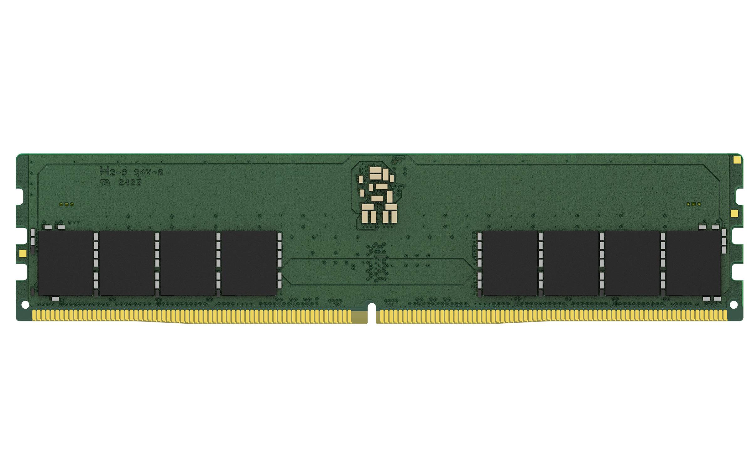 Grünes Computer-RAM-Speichermodul horizontal auf schwarzem Hintergrund dargestellt, mit goldenen Steckerkontakten und schwarzen Chips auf der Leiterplatte.