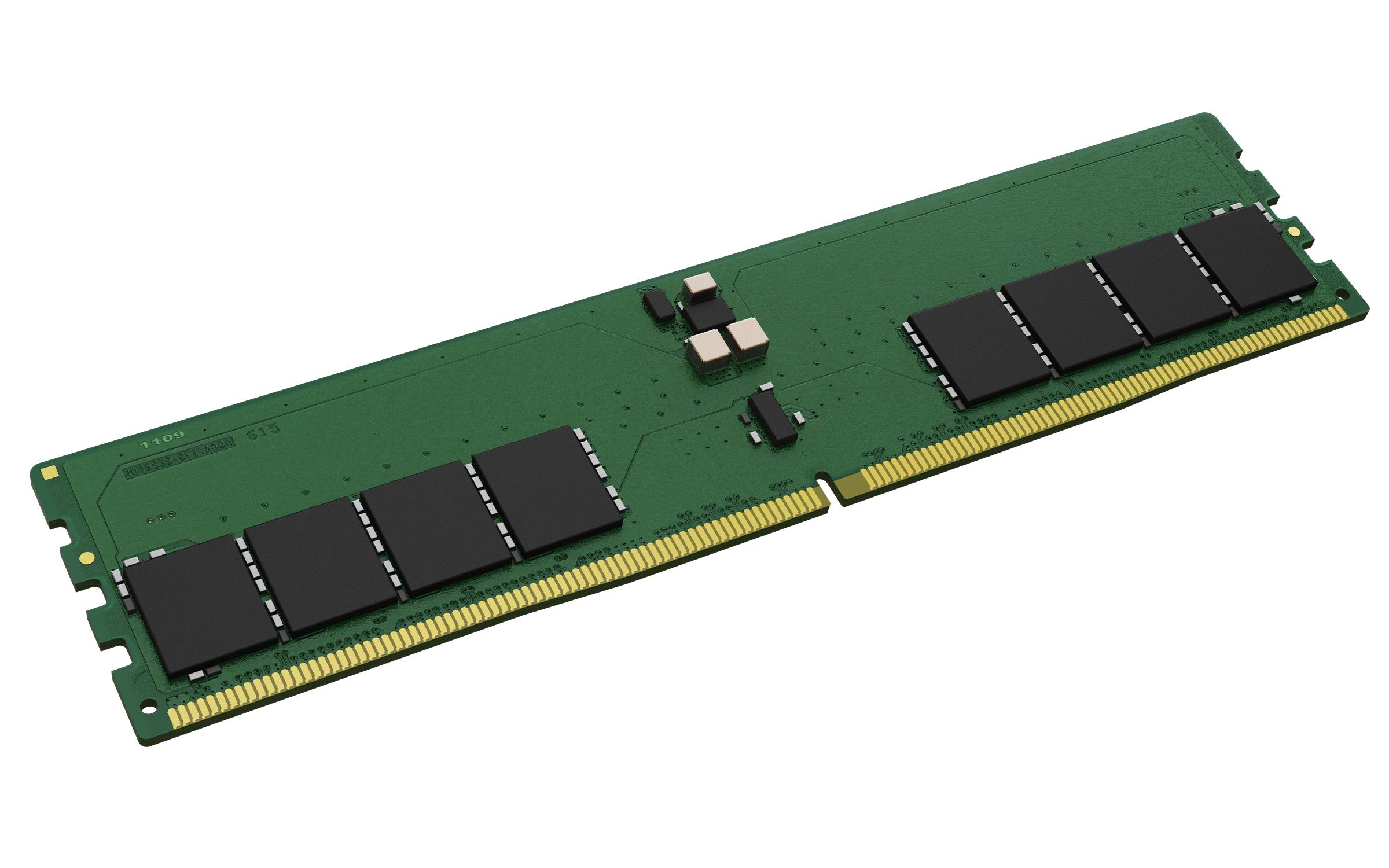 Ein grünes Computer-RAM-Speichermodul mit mehreren schwarzen Chips und vergoldeten Steckerkontakten auf schwarzem Hintergrund.