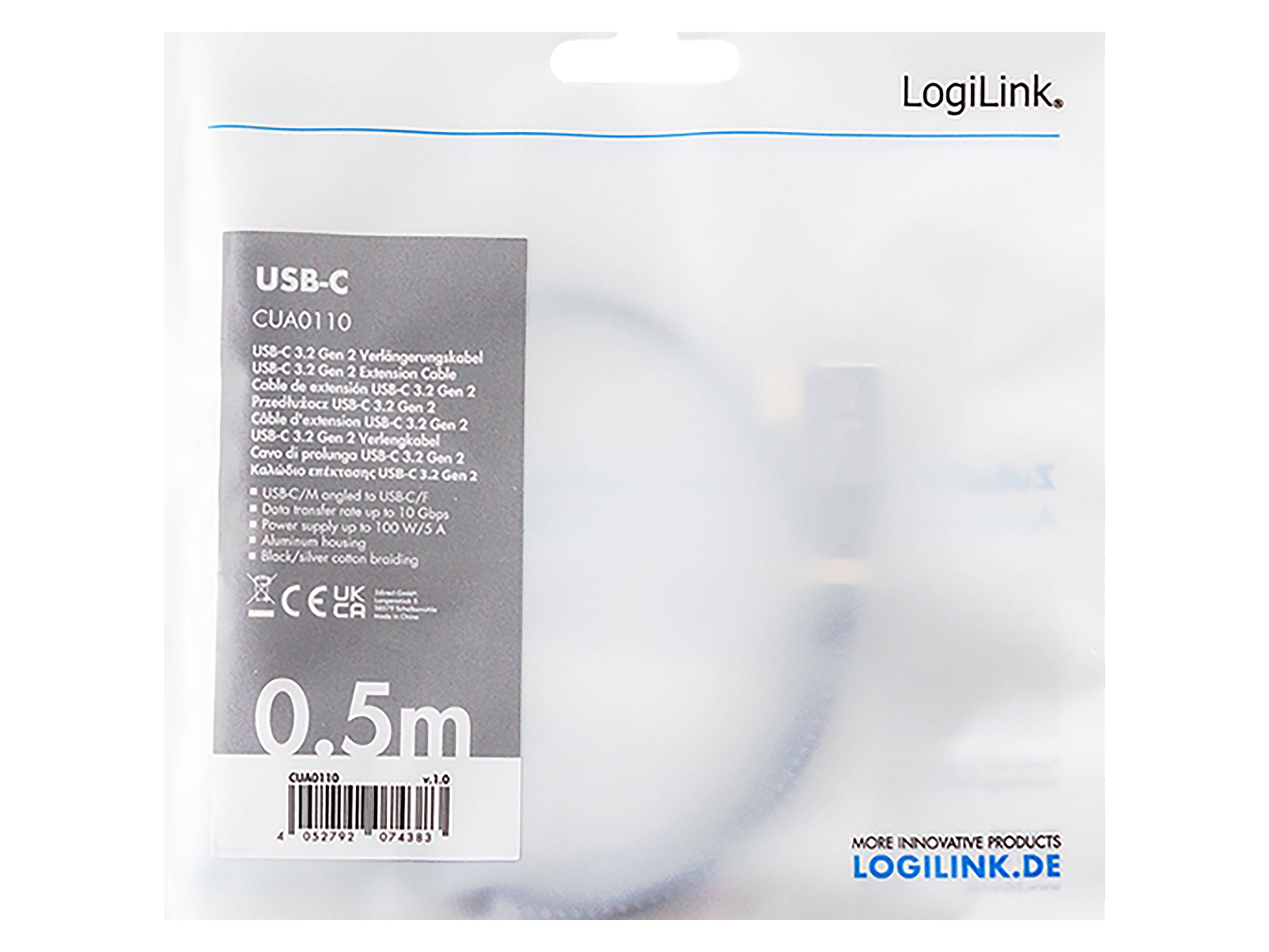 LOGILINK USB3.2 Kabel CUA0112 USB-C M 90°/USB-C F PD AV Alu 2m schwarz/grau