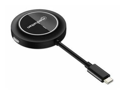 Schwarzer runder ThinkPad USB-C-Dockingadapter mit kurzem Kabel und Stecker auf weißem Hintergrund
