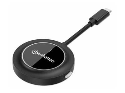 Schwarzer runder Manhattan USB-C-Adapter mit angeschlossenem Kabel, dargestellt auf weißem Hintergrund.