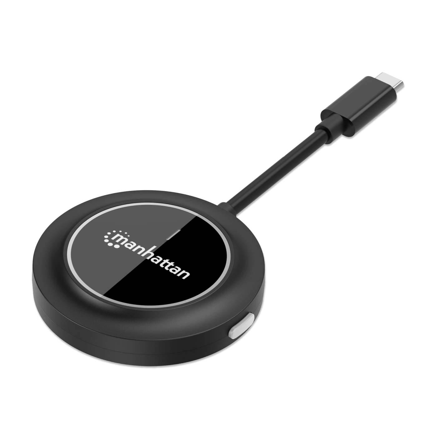 Schwarzer runder Manhattan USB-C-Adapter mit angebrachtem Kabel und Seitentaste auf weißem Hintergrund