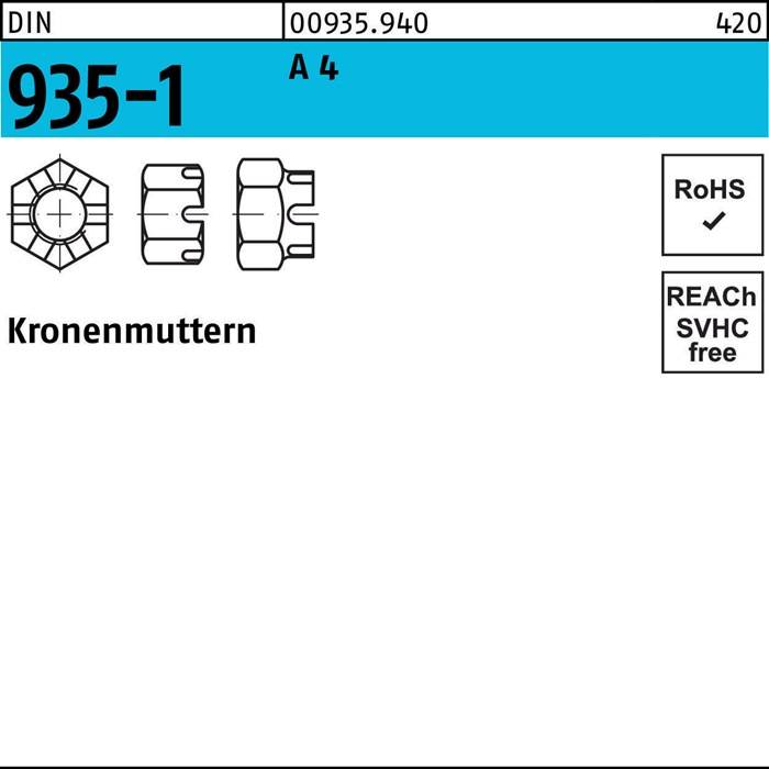Kronenmutter DIN 935-1 M12 SW 19 A 4 25 Stück