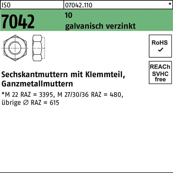 Sechskantmutter ISO 7042 Klemmteil M14 10 galv.verz. 100 Stück