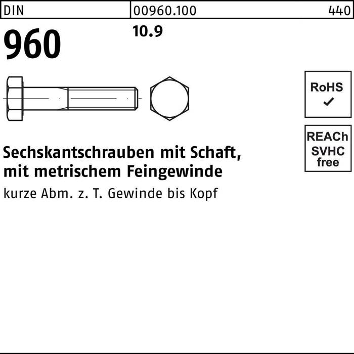 Sechskantschraube DIN 960 Schaft M16x1,5x140 10.9 25 Stück