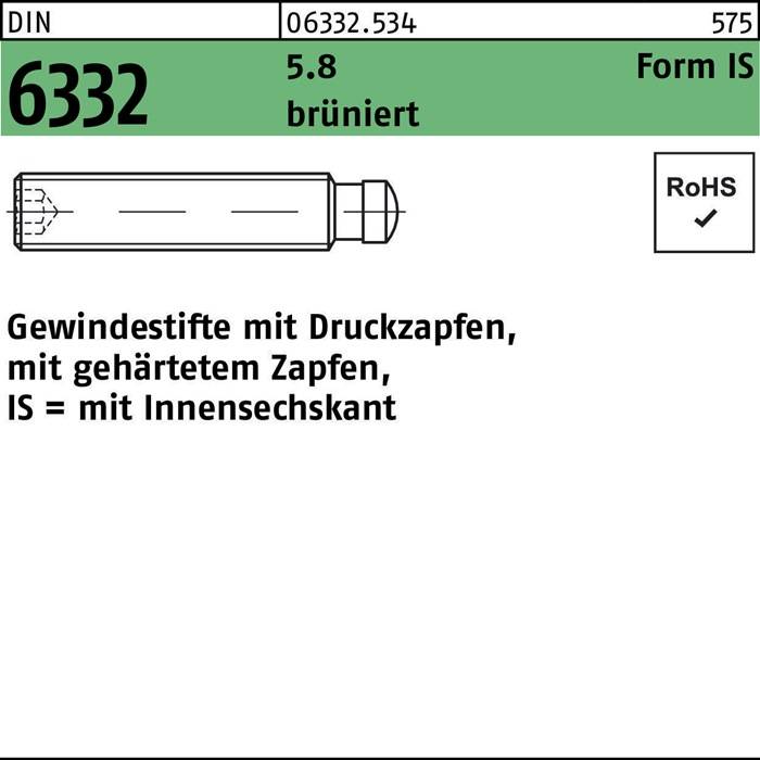 Gewindestift DIN 6332 FormIS Zapfen/Innen-6kt IS M10x50 5.8 brüniert 10St.