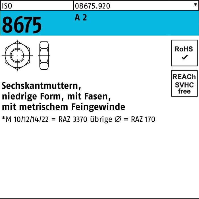 Sechskantmutter ISO 8675 Fasen M22x 1,5 A 2 10 Stück