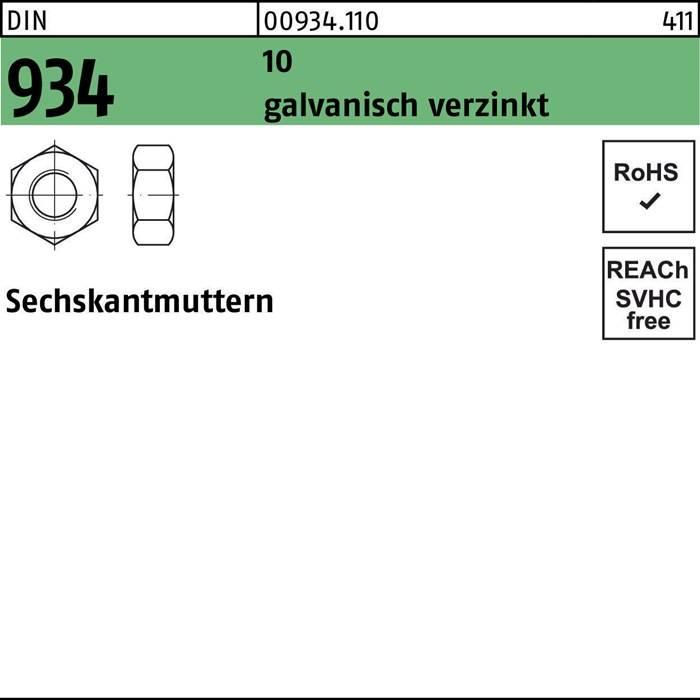 Sechskantmutter DIN 934 M20 10 galv.verz. 50 Stück