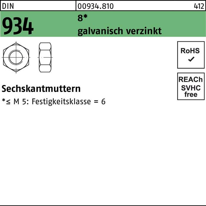 Sechskantmutter DIN 934 M2 8 galv.verz. 1000 Stück