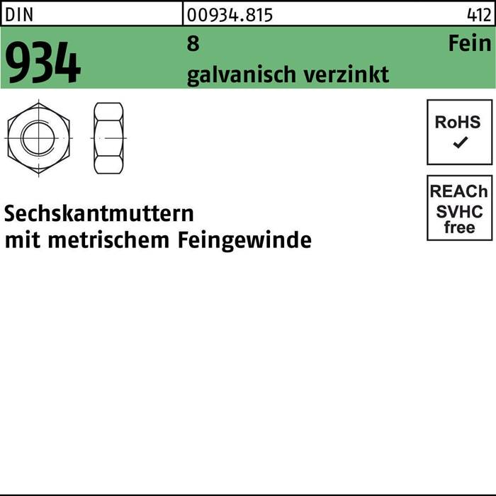 Sechskantmutter DIN 934 M16x 1,5 8 galv.verz. 100 Stück