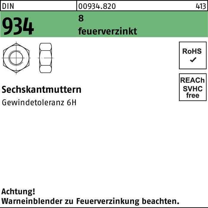 Sechskantmutter DIN 934 M6 8 feuerverz. 100 Stück